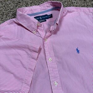Polo Ralph Lauren Shirt Mens Size XL Pink Striped Button Up Oxford Short Sleeve